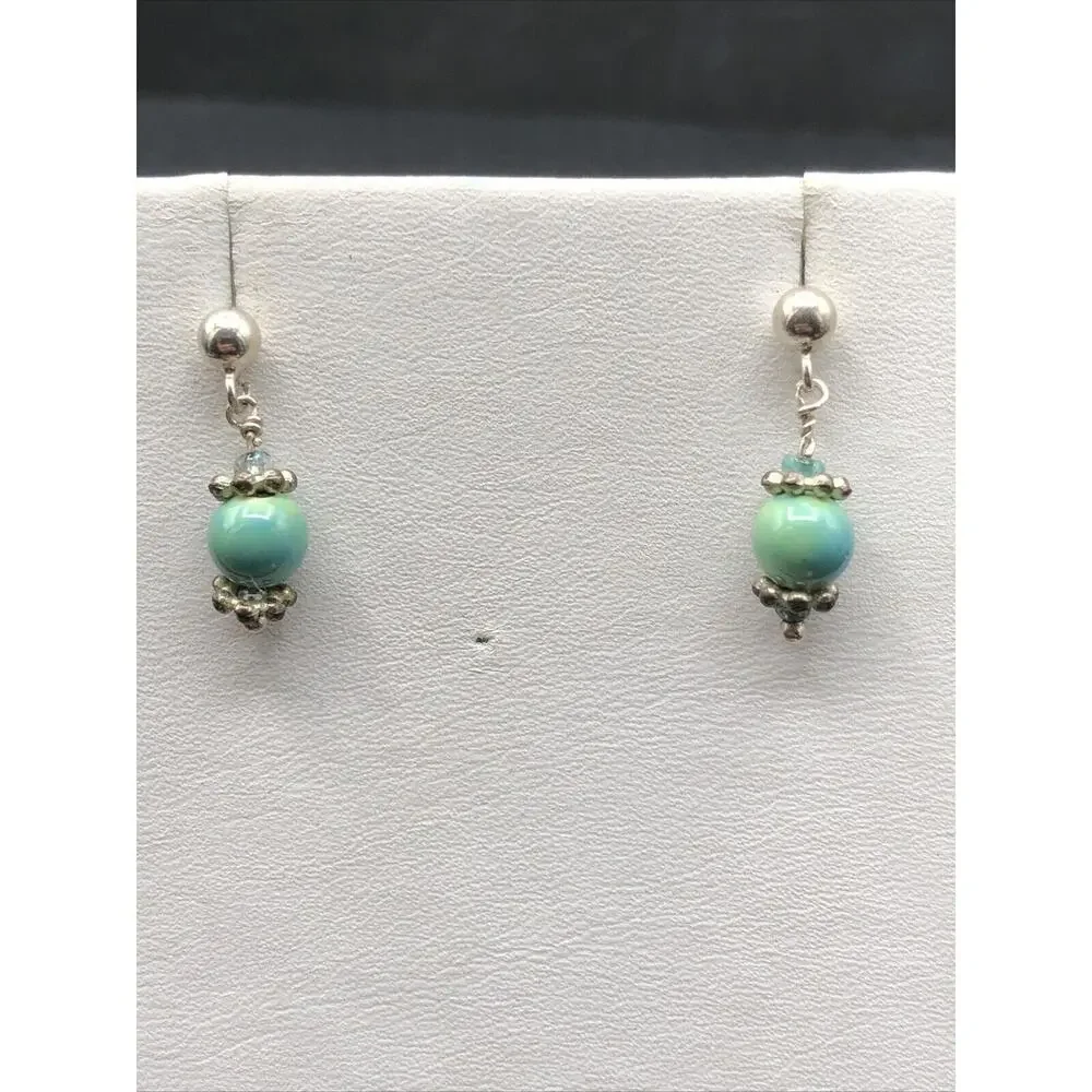 Handmade 925 Sterling Silver‎ Earrings Aqua Blue Ceramic Bead Drop Dangles